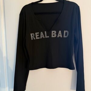 Black 'REAL BAD' Long-Sleeve V-Neck Top size XL
